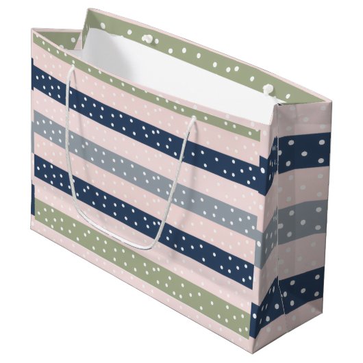 Navy Green and Gray Polka Stripe Pattern – Elegant Groot Cadeauzakje (Voorkant Gekanteld)