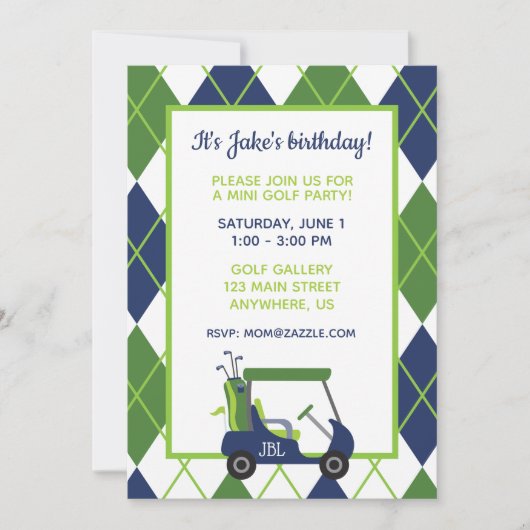 Navy & Green Argyle Golf Feest Uitnodigingen (Voorkant)