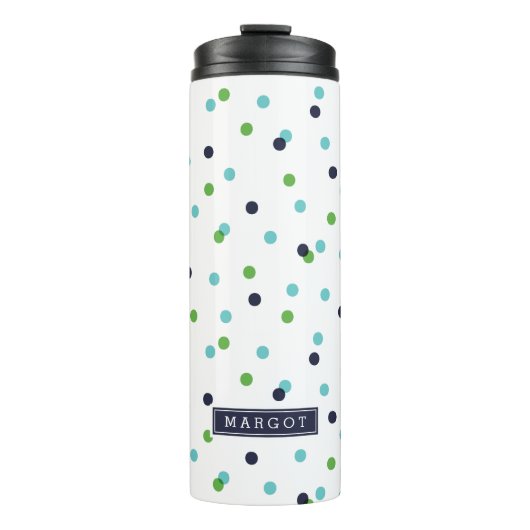 Navy Green en Turquoise Confetti Stippen Monogram Thermosbeker (Voorkant)