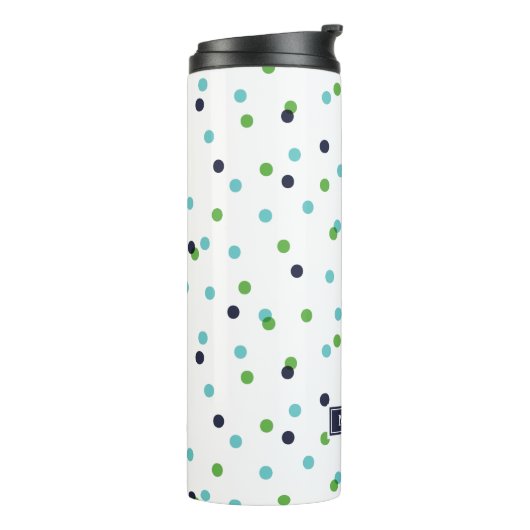 Navy Green en Turquoise Confetti Stippen Monogram Thermosbeker (Gedraaid links)