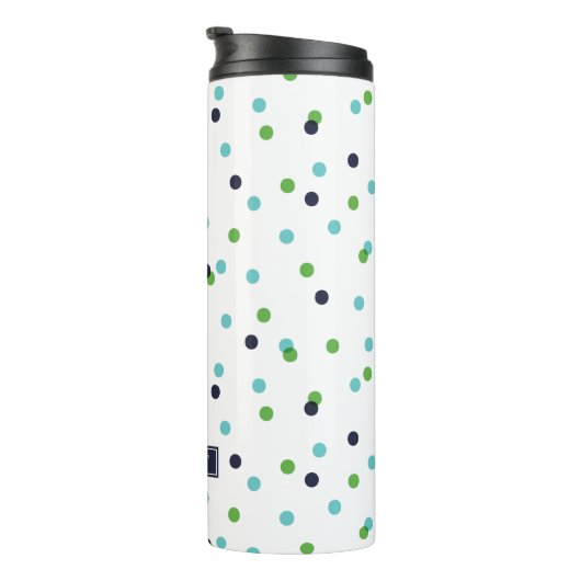 Navy Green en Turquoise Confetti Stippen Monogram Thermosbeker (Geroteerd rechts)