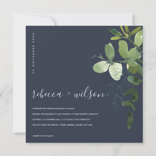 NAVY GREEN EUCALYPTUS FOLIAGE WATERVERF WEDDING KAART (Voorkant)