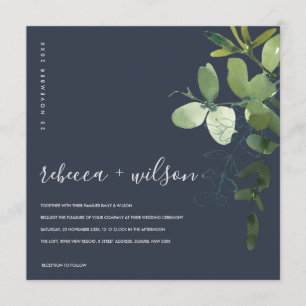 NAVY GREEN EUCALYPTUS FOLIAGE WATERVERF WEDDING KAART