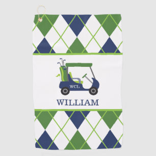 Navy & Green Golf Cart Monogram Golf Towel Golfhanddoek