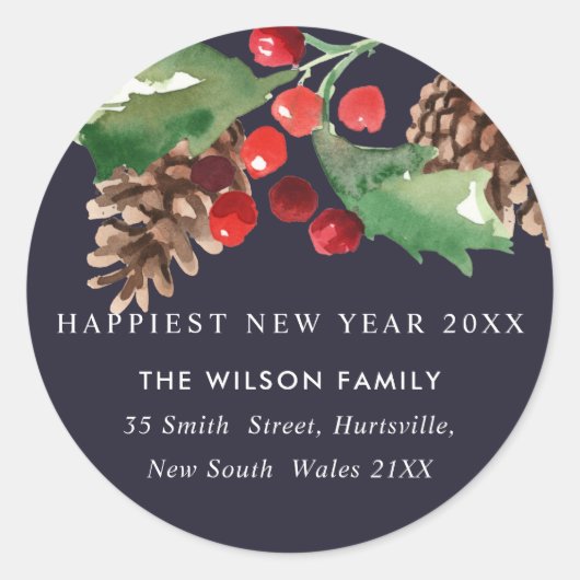 NAVY GREEN HOLLY BERRY PINE CONE NIEUW JAARADRES RONDE STICKER (Voorkant)