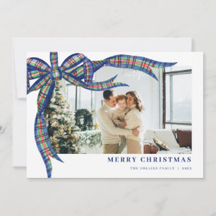 Navy Green Tartan Bow Kerstfoto Vakantie Kaart