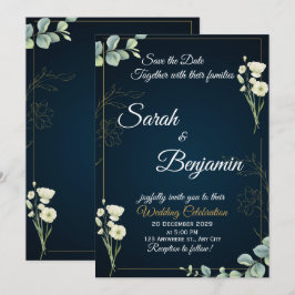 Navy Greenery Elegant Wedding Invitation Kaart