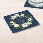 Navy Greenery Gold Gepersonaliseerde Namen Datum H Kartonnen Onderzetters (Schuin)