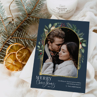 Navy Greenery Gold Modern Arch kerstfoto Feestdagenkaart