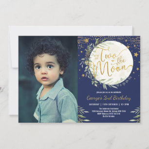 Navy Greenery Gold Two the Moon 2nd Birthday Foto Kaart