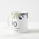 Navy Greenery Leaves Personalized 90th Birthday Koffiemok (Voorkant links)