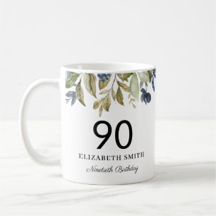 Navy Greenery Leaves Personalized 90th Birthday Koffiemok
