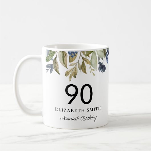 Navy Greenery Leaves Personalized 90th Birthday Koffiemok (Links)
