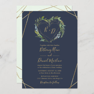 Navy Greenery met Geometric Heart Lijst Wedding Kaart