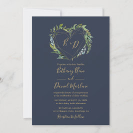 Navy Greenery met Geometric Heart Wedding Kaart