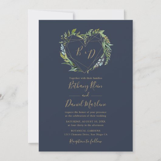 Navy Greenery met Geometric Heart Wedding Kaart (Voorkant)