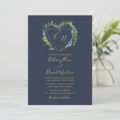 Navy Greenery met Geometric Heart Wedding Kaart (Staand voorkant)