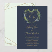 Navy Greenery met Geometric Heart Wedding Kaart (Voorkant / Achterkant)