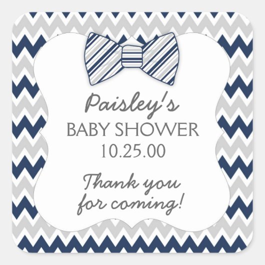 Navy Grey Chevron boog stropdas jongen baby shower Vierkante Sticker (Voorkant)