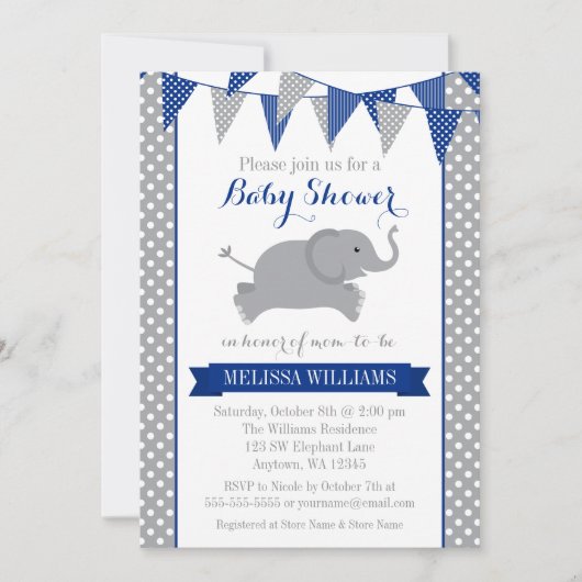 Navy Grey Elephant Polka Dot Bunting Baby shower Kaart (Voorkant)