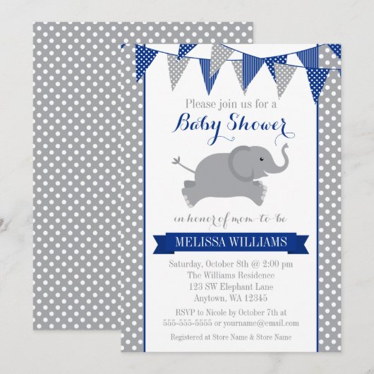 Navy Grey Elephant Polka Dot Bunting Baby shower Kaart (Voorkant / Achterkant)