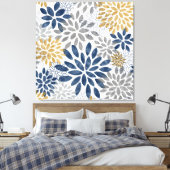 Navy Grey Gold Dahlia Blooms Canvas Afdruk (Insitu (Slaapkamer))