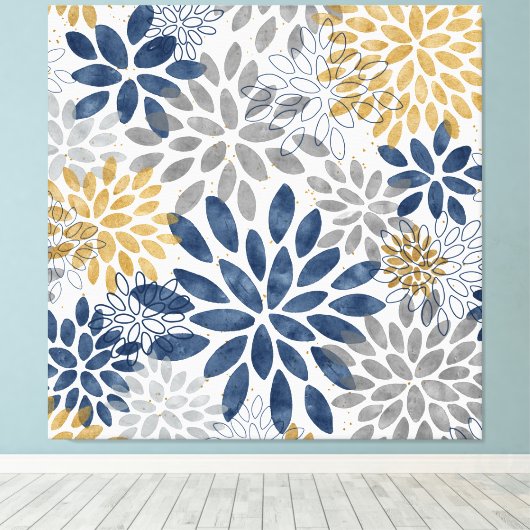 Navy Grey Gold Dahlia Blooms Canvas Afdruk (Insitu (Houten vloer))