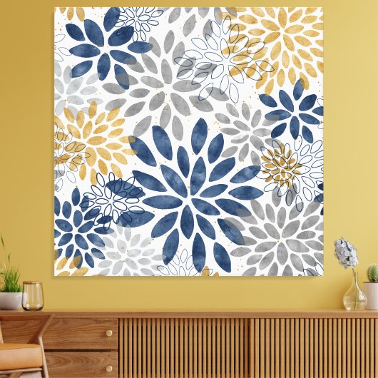 Navy Grey Gold Dahlia Blooms Canvas Afdruk (Insitu (Woonkamer))