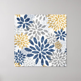 Navy Grey Gold Dahlia Blooms Canvas Afdruk