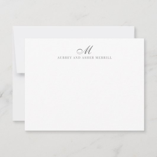 Navy Grey Script Monogram Modern Stationery Notitiekaartje (Voorkant)