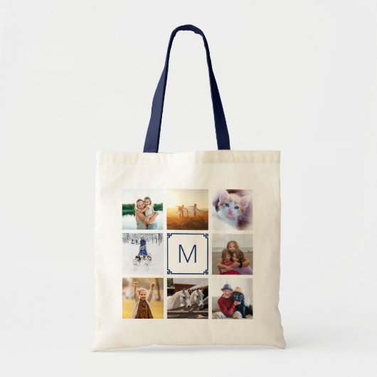 Navy Griekse Sleutel Monogram 8 Foto Collage Tote Bag (Voorkant)