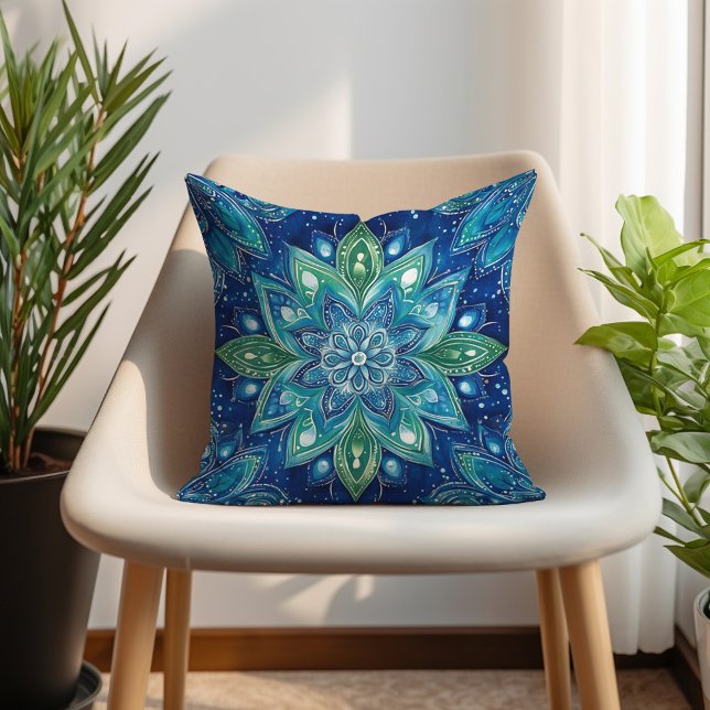 Navy Groen Turquoise Mandela Boho Kussen (Navy Green Turquoise Mandela Boho Throw Pillow)