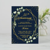 Navy groene Eucalyptus Bladeren Huwelijksjubileum Folie Uitnodiging (Staand Voorkant)