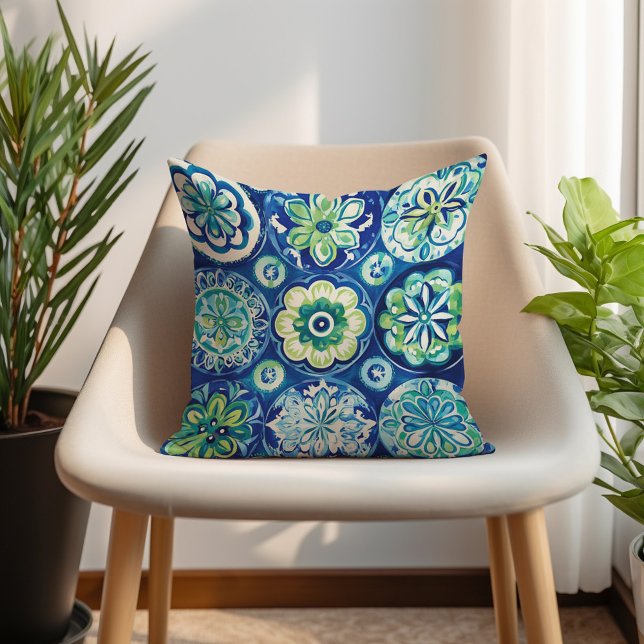Navy groene turquoise boho bloem kussen (Navy Green Turquoise Boho Floral Throw Pillow)