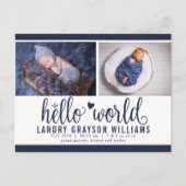 Navy Hallo World Photo Birth Stat Aankondigingskaart (Voorkant)