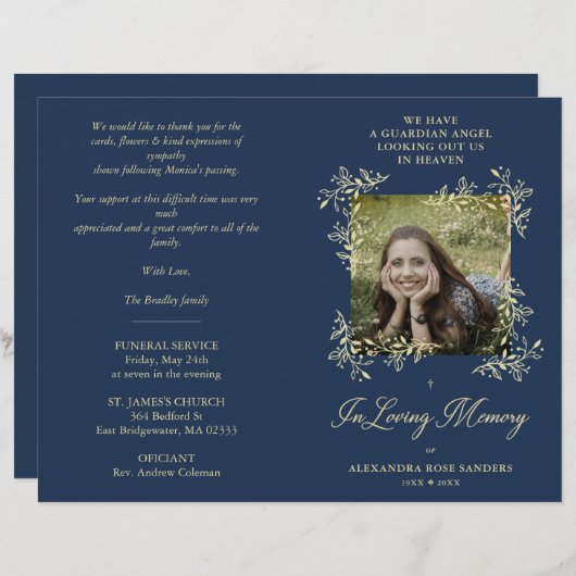 Navy Hand Lettered Chic Flourish Funeral Memorial (Voorkant / Achterkant)