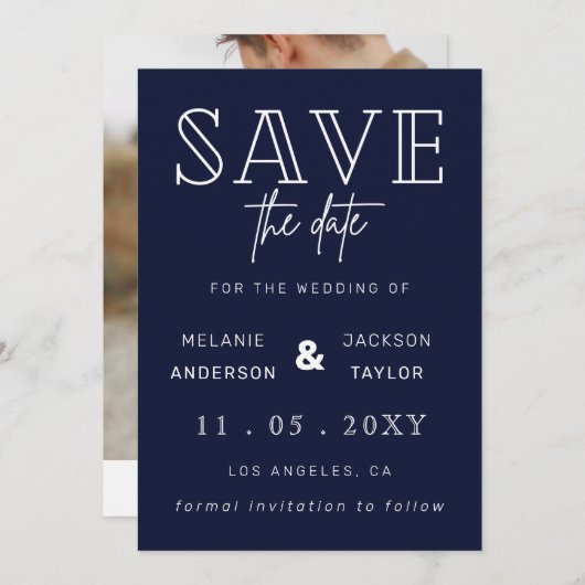 Navy Handwrity Calligraphy Photo Save the Date (Voorkant / Achterkant)