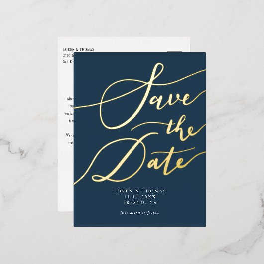 Navy Handwrity Calligraphy Save the Date Folie Uitnodiging Briefkaart (Voorkant / Achterkant)