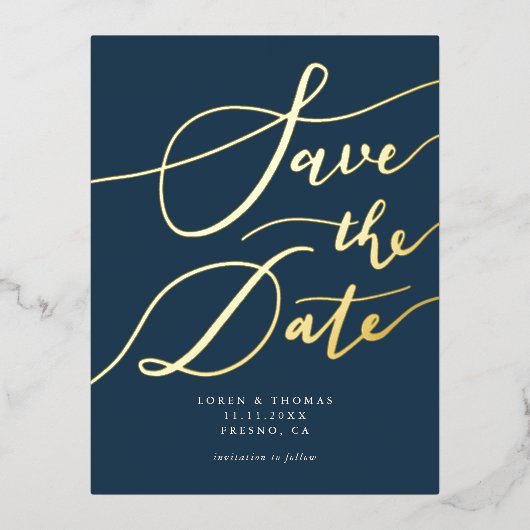 Navy Handwrity Calligraphy Save the Date Folie Uitnodiging Briefkaart (Voorkant)