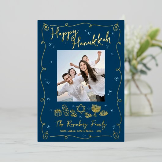 Navy Hanukkah 5 Photo Hand Drawn Doodles Real Gold Folie Feestdagenkaart (Staand Voorkant)