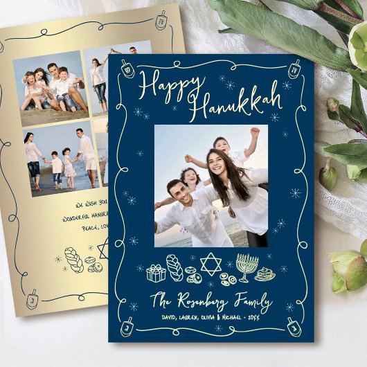 Navy Hanukkah 5 Photo Hand Drawn Doodles Real Gold Folie Feestdagenkaart