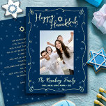 Navy Hanukkah Photo Hand Drawn Your Note Real Gold Folie Feestdagenkaart<br><div class="desc">“Happy Hanukkah.” It's that time to touch base with your family and friends to celebrate Hanukkah and usher in the festival of lights. On the front, fun, whimsical real gold foil handwritten script typography, Star of David, hand drawn Hanukkah dreidels and light turquoise blue sparkles, along with the photo of...</div>