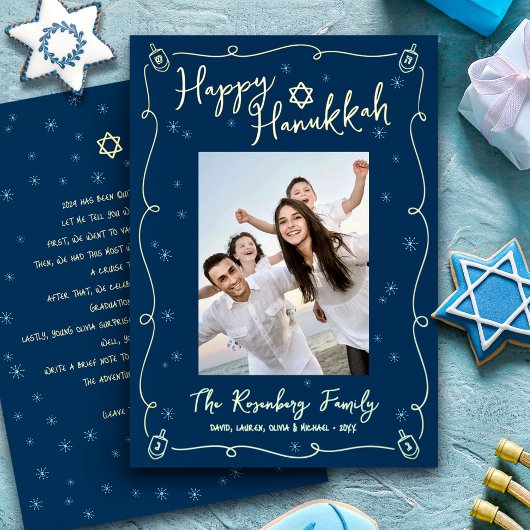 Navy Hanukkah Photo Hand Drawn Your Note Real Gold Folie Feestdagenkaart