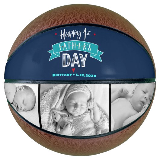 Navy Happy 1st Vaderdag Turquoise Banner Bold Basketbal (Voorkant)