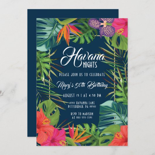 Navy Havana Nights Bloemen Tropische Verjaardag Kaart (Voorkant / Achterkant)