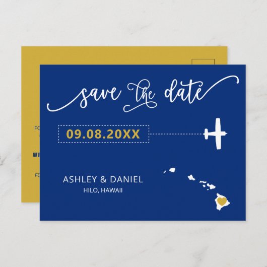 Navy Hawaii Wedding Save the Date Map Briefkaart (Voorkant / Achterkant)