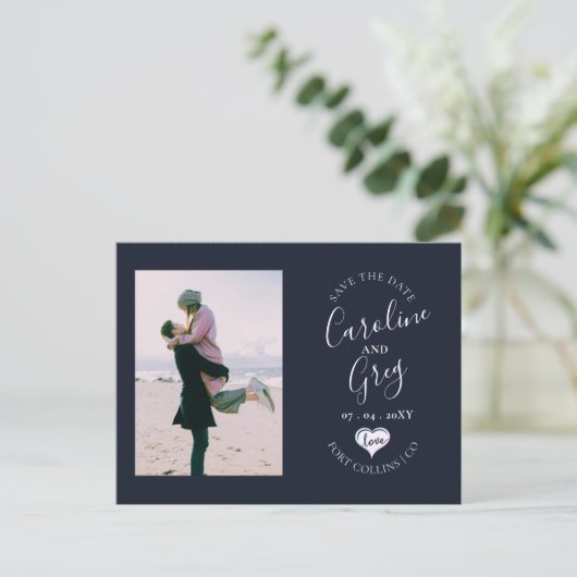 Navy Heart Love Typografie Foto Save the Date Aankondigingskaart (Staand voorkant)