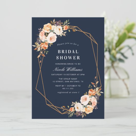 Navy herfst bloemengeometrisch vrijgezellenfeest kaart (Staand voorkant)