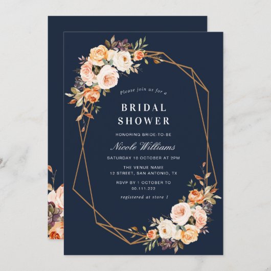 Navy herfst bloemengeometrisch vrijgezellenfeest kaart (Voorkant / Achterkant)