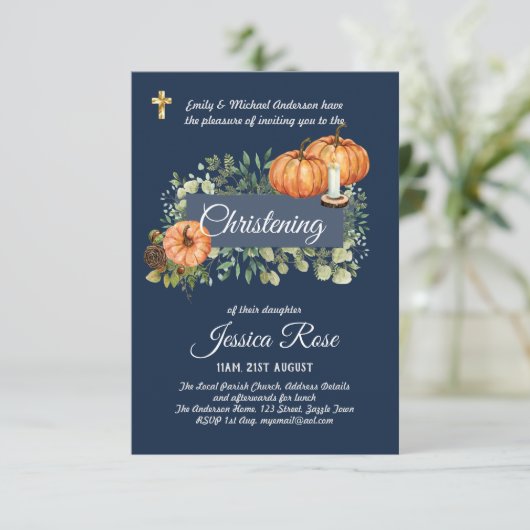 Navy HERFST Christening Invites Baptisme (Staand voorkant)